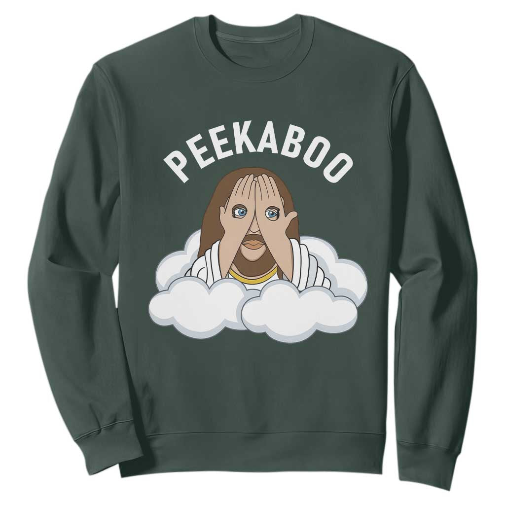 Peekaboo Jesus Funny Christian Sweatshirt Faith Humor Savior in Clouds Religious Meme TS02 Dark Forest Green Print Your Wear