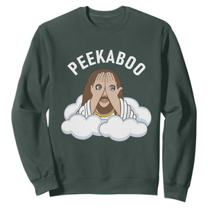 Peekaboo Jesus Funny Christian Sweatshirt Faith Humor Savior in Clouds Religious Meme TS02 Dark Forest Green Print Your Wear