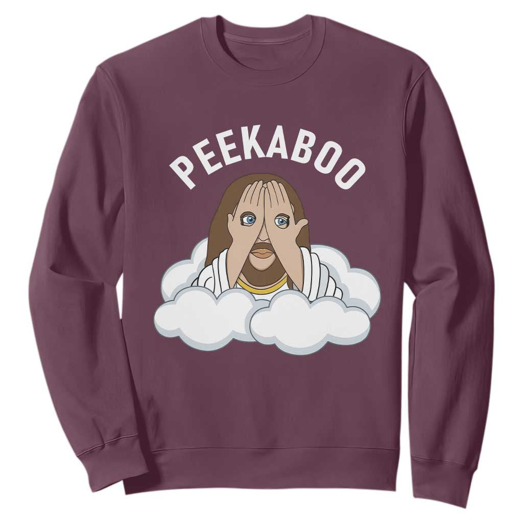 Peekaboo Jesus Funny Christian Sweatshirt Faith Humor Savior in Clouds Religious Meme TS02 Maroon Print Your Wear