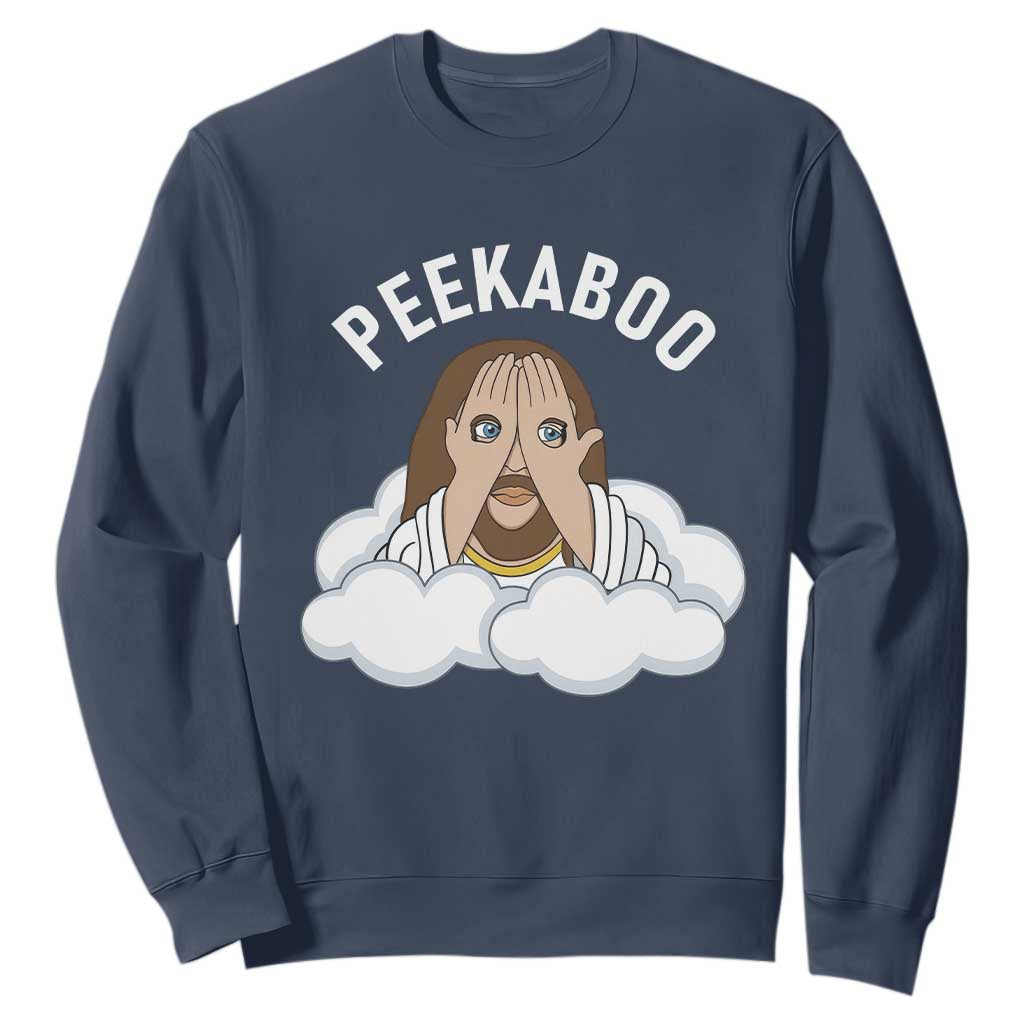Peekaboo Jesus Funny Christian Sweatshirt Faith Humor Savior in Clouds Religious Meme TS02 Navy Print Your Wear