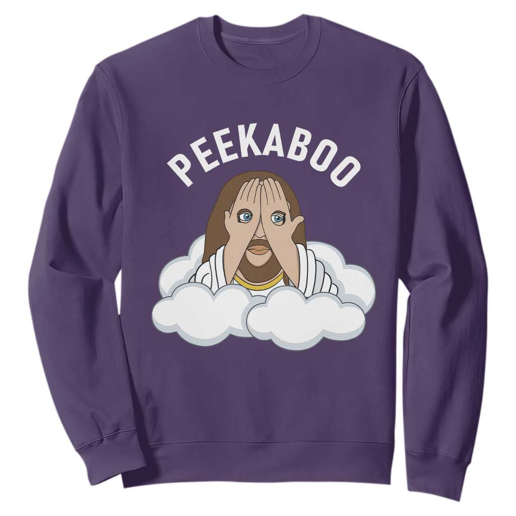 Peekaboo Jesus Funny Christian Sweatshirt Faith Humor Savior in Clouds Religious Meme TS02 Purple Print Your Wear