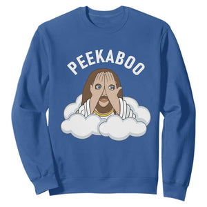 Peekaboo Jesus Funny Christian Sweatshirt Faith Humor Savior in Clouds Religious Meme TS02 Royal Blue Print Your Wear