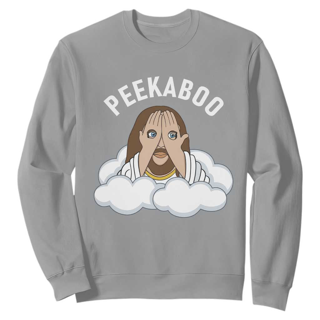 Peekaboo Jesus Funny Christian Sweatshirt Faith Humor Savior in Clouds Religious Meme TS02 Sport Gray Print Your Wear