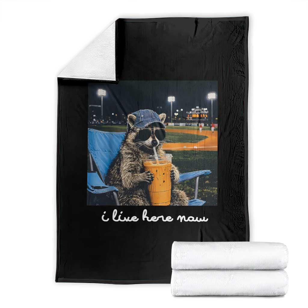 Funny Raccoon Baseball Game Day Meme Throw Blanket I Live Here Now Trash Panda Iced Coffee Night TS02 Black Print Your Wear