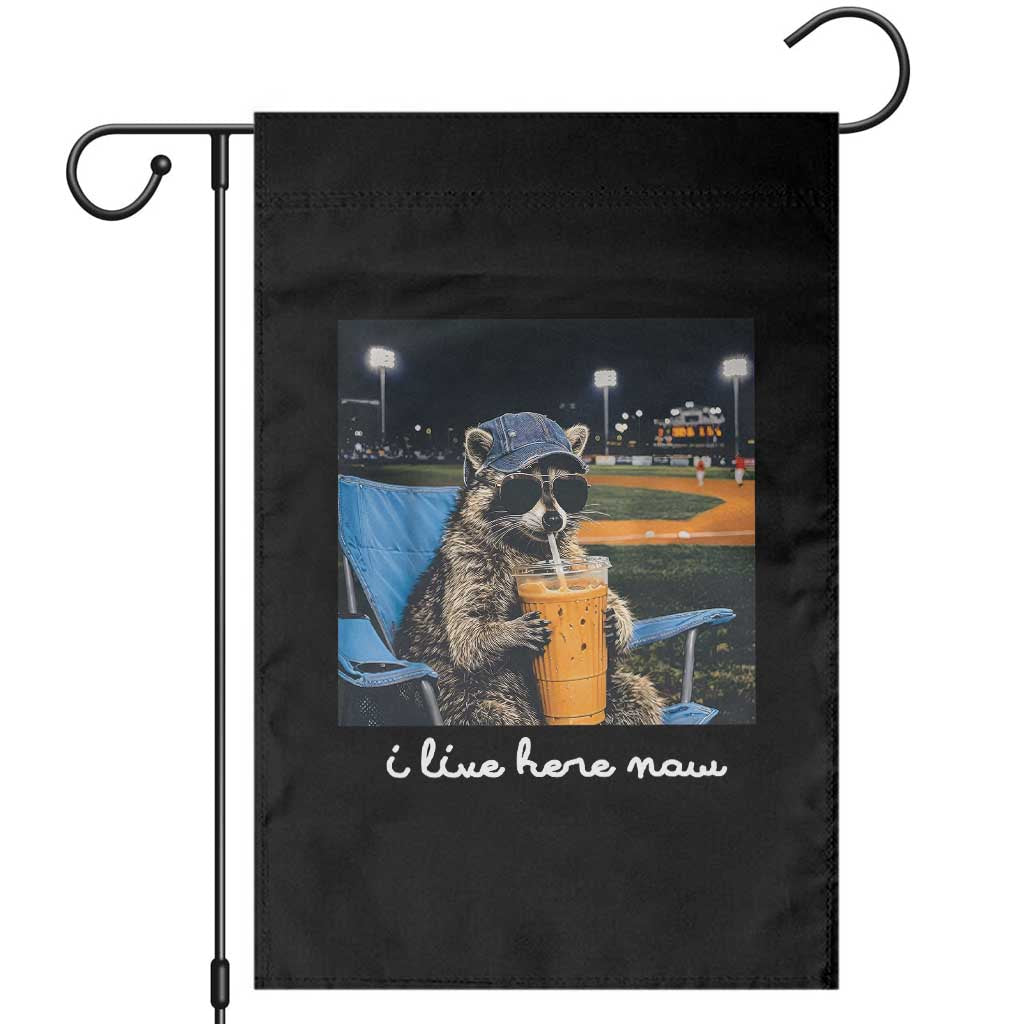 Funny Raccoon Baseball Game Day Meme Garden Flag I Live Here Now Trash Panda Iced Coffee Night TS02 Black Print Your Wear