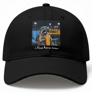 Funny Raccoon Baseball Game Day Meme Baseball Cap I Live Here Now Trash Panda Iced Coffee Night TS02 Print Your Wear