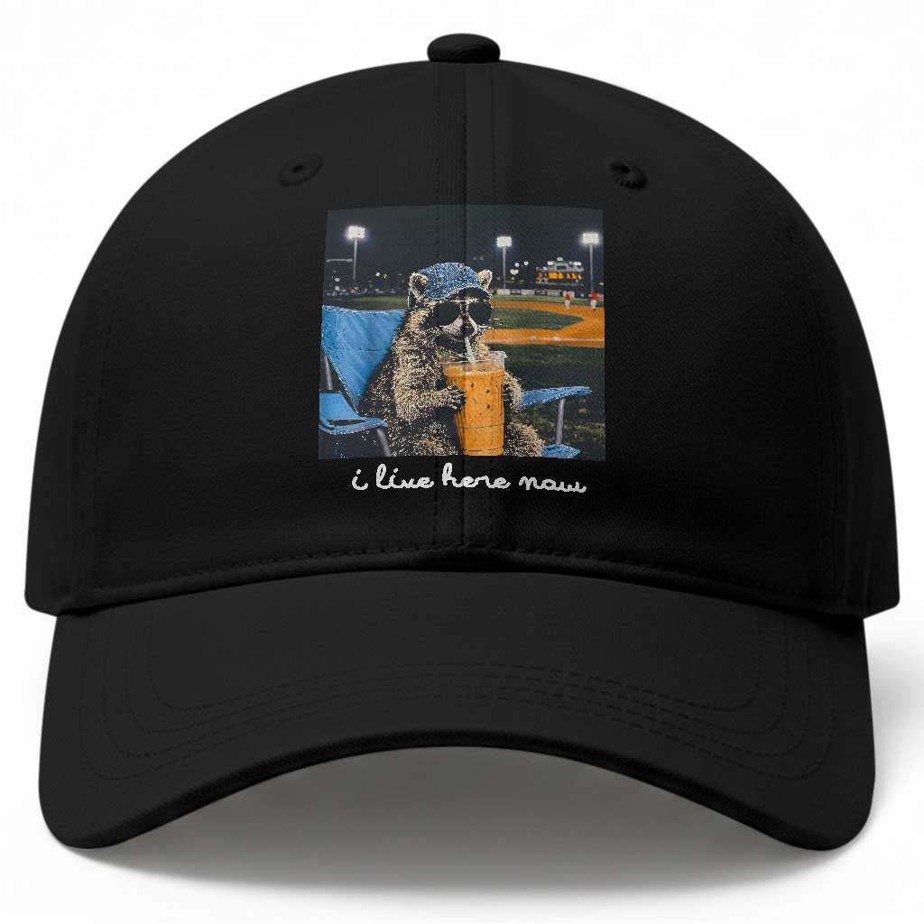 Funny Raccoon Baseball Game Day Meme Baseball Cap I Live Here Now Trash Panda Iced Coffee Night TS02 Print Your Wear