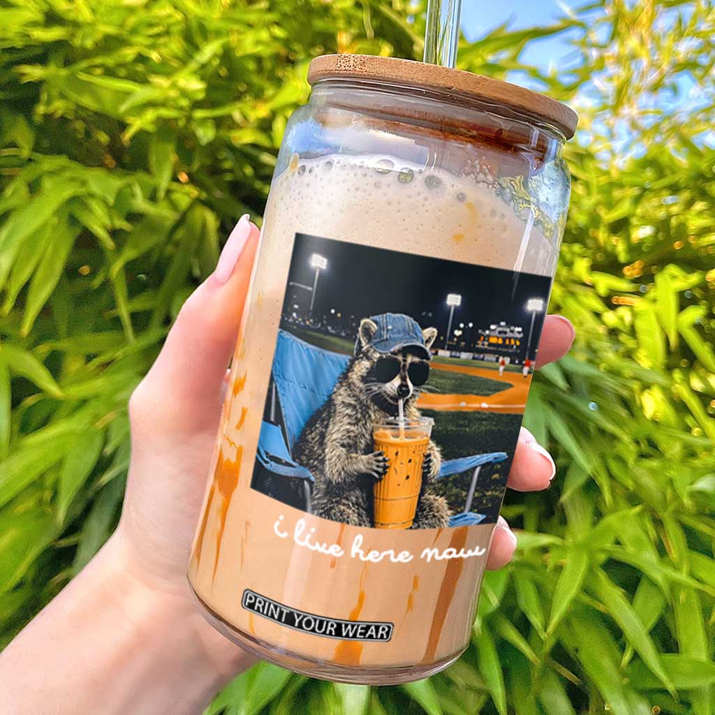 Funny Raccoon Baseball Game Day Meme Glass Can I Live Here Now Trash Panda Iced Coffee Night TS02 Black Print Your Wear