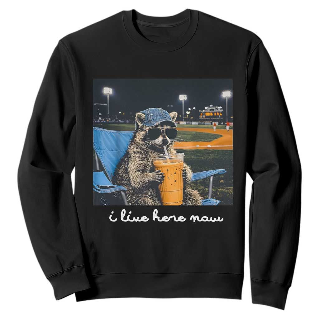 Funny Raccoon Baseball Game Day Meme Sweatshirt I Live Here Now Trash Panda Iced Coffee Night TS02 Black Print Your Wear