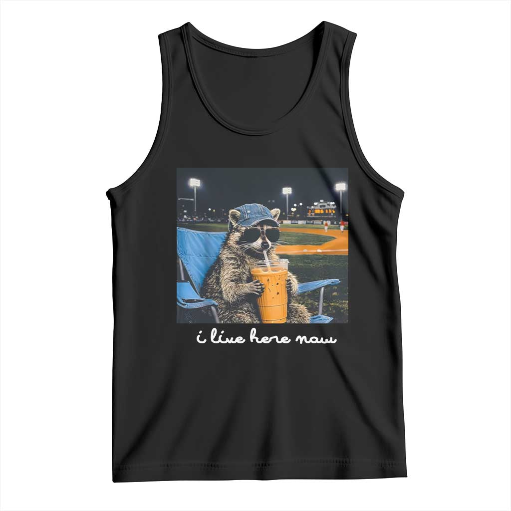 Funny Raccoon Baseball Game Day Meme Tank Top I Live Here Now Trash Panda Iced Coffee Night TS02 Black Print Your Wear