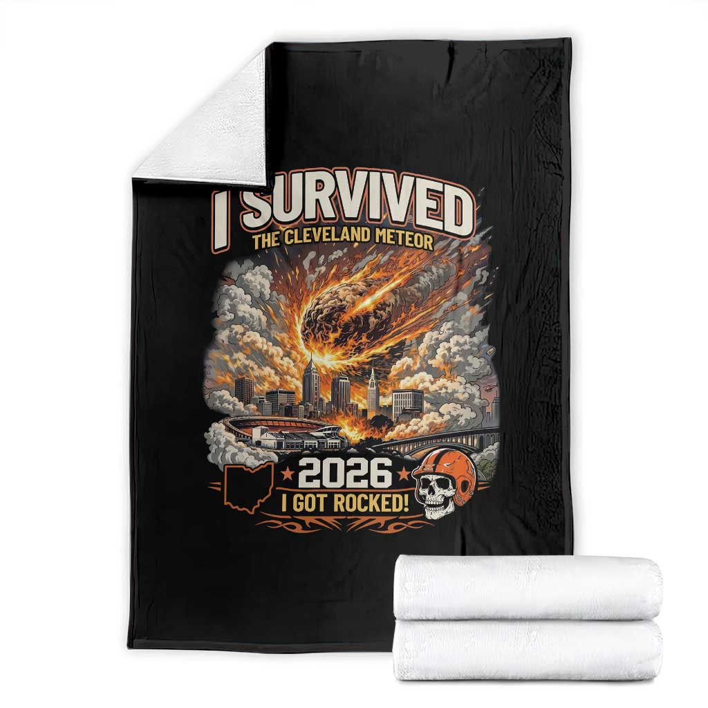 I Survived The Cleveland Meteor 2026 Throw Blanket Funny Ohio Apocalypse Meme Vintage Football Fan Humor TS02 Black Print Your Wear