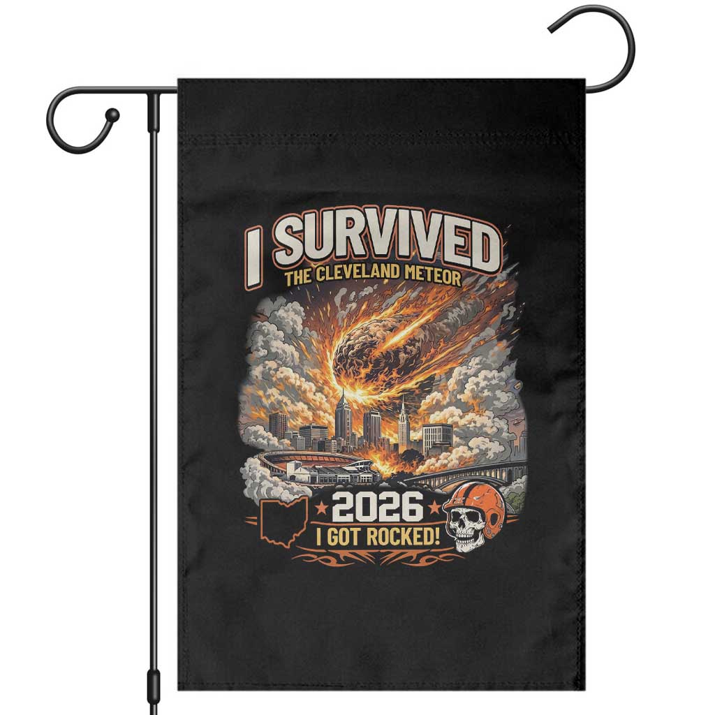 I Survived The Cleveland Meteor 2026 Garden Flag Funny Ohio Apocalypse Meme Vintage Football Fan Humor TS02 Black Print Your Wear