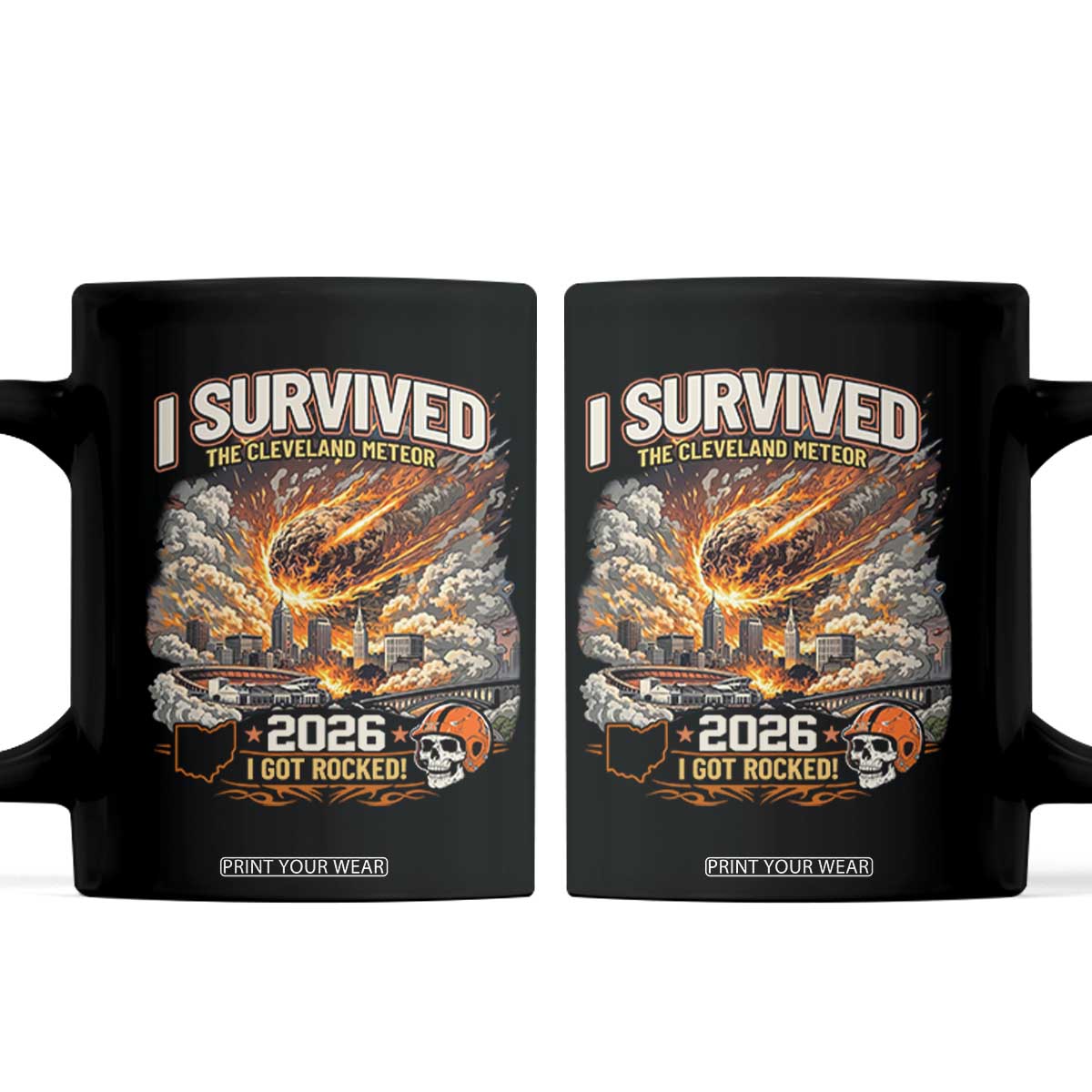 I Survived The Cleveland Meteor 2026 Coffee Mug Funny Ohio Apocalypse Meme Vintage Football Fan Humor TS02 Black Print Your Wear