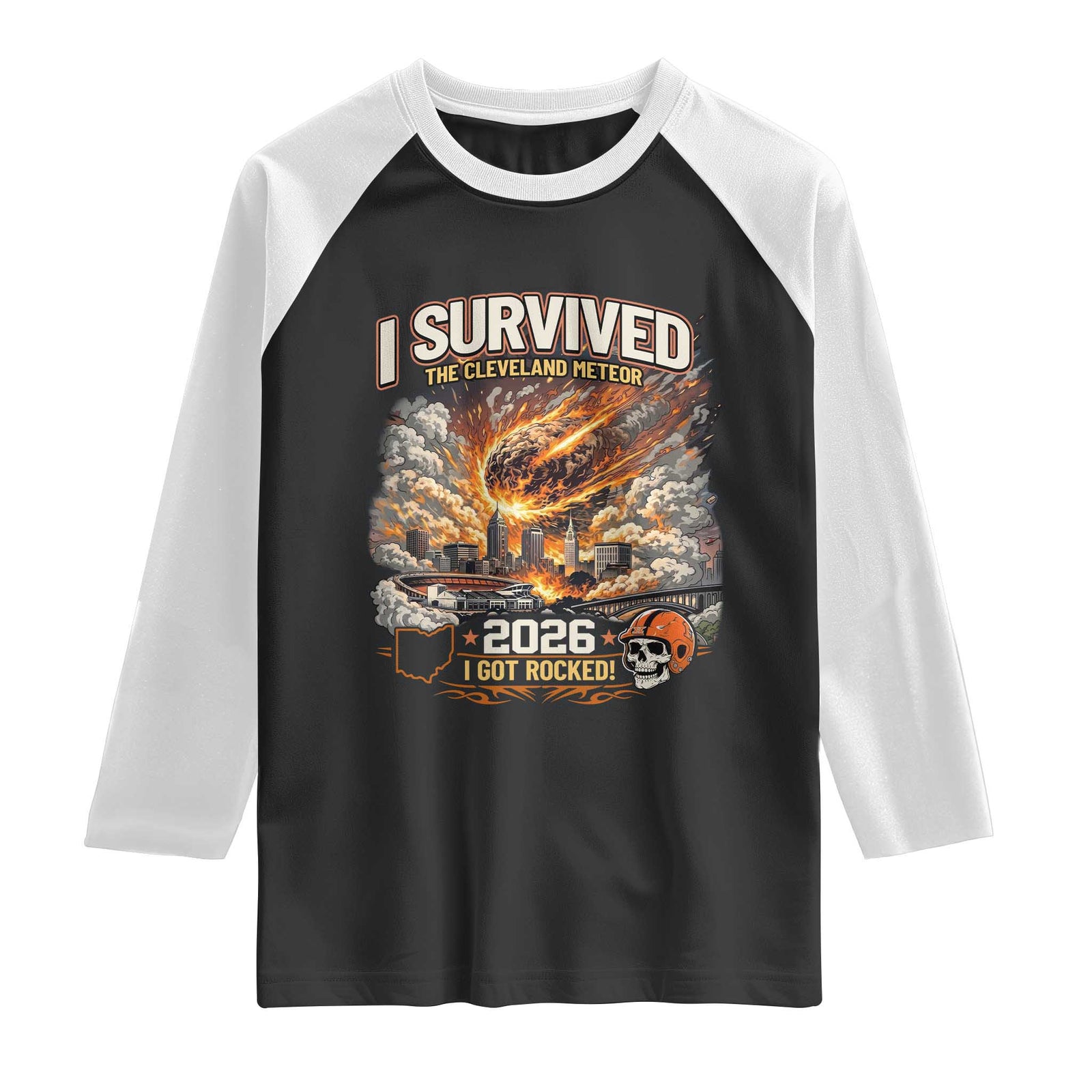 I Survived The Cleveland Meteor 2026 Raglan Shirt Funny Ohio Apocalypse Meme Vintage Football Fan Humor TS02 Black White Print Your Wear