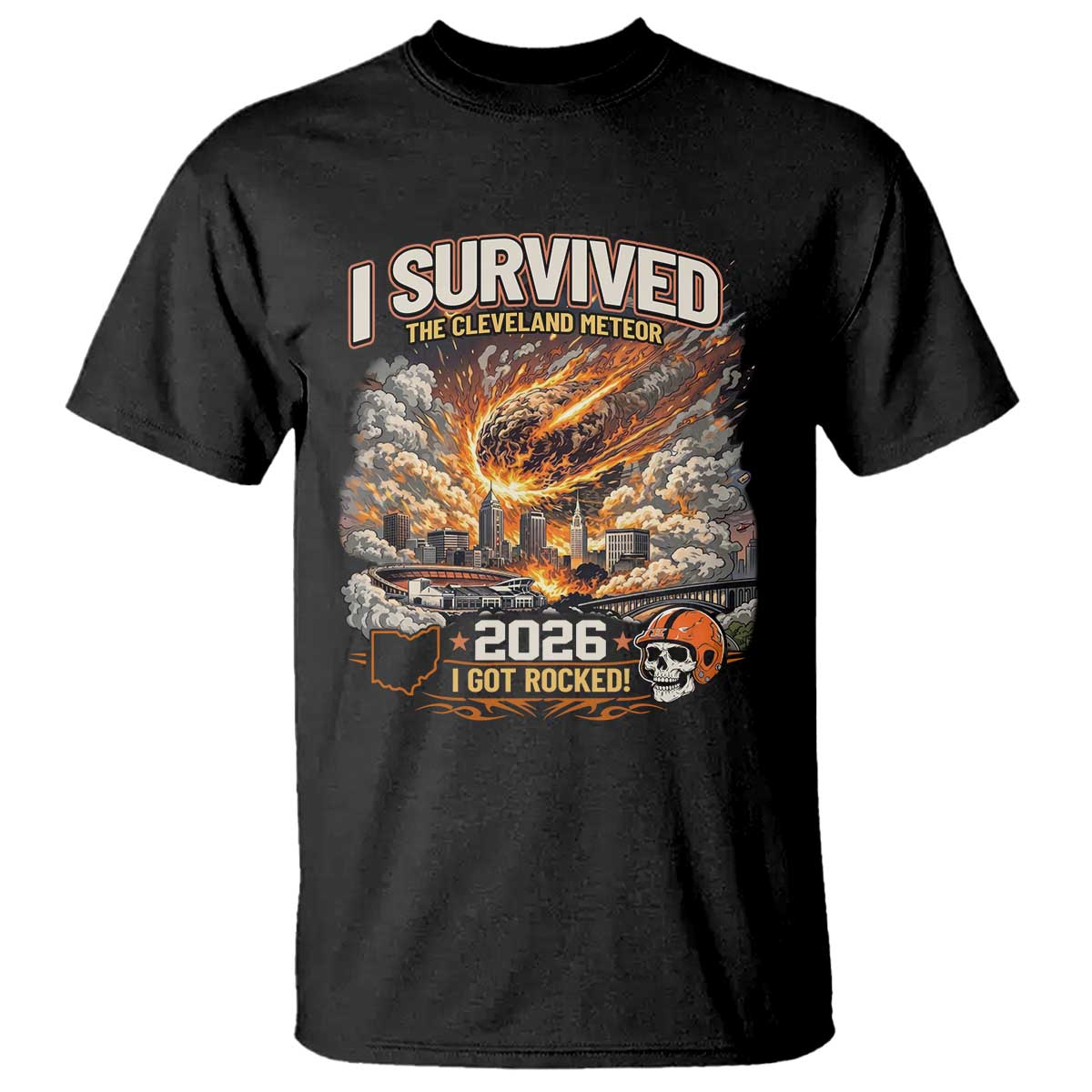 I Survived The Cleveland Meteor 2026 T Shirt Funny Ohio Apocalypse Meme Vintage Football Fan Humor TS02 Black Print Your Wear