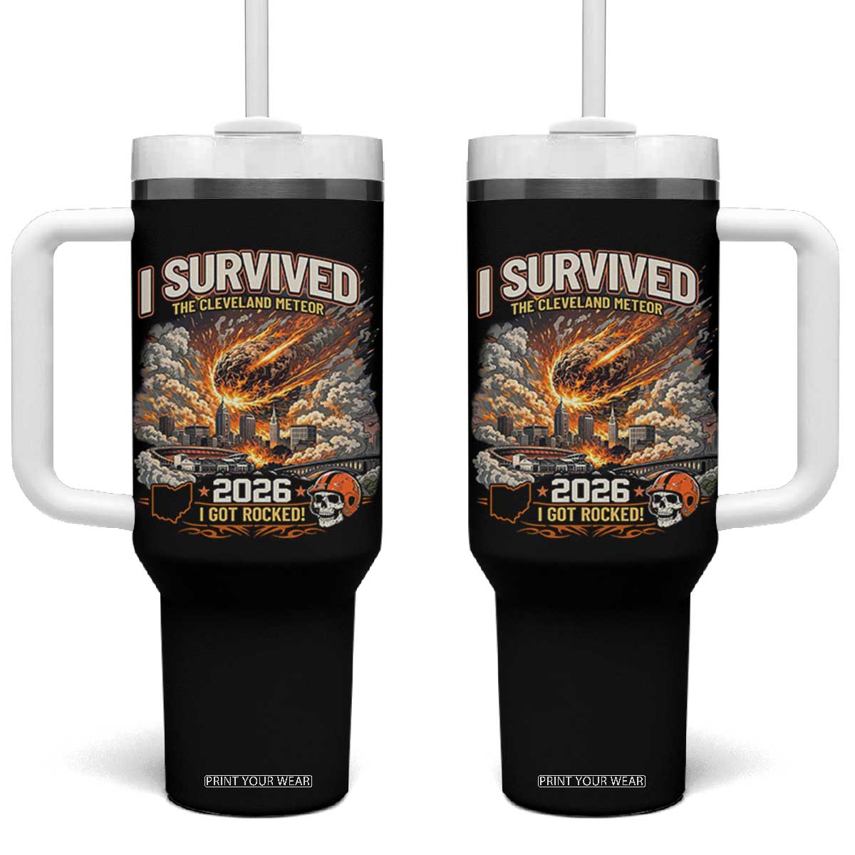 I Survived The Cleveland Meteor 2026 Tumbler With Handle Funny Ohio Apocalypse Meme Vintage Football Fan Humor TS02 One Size: 40 oz Black Print Your Wear