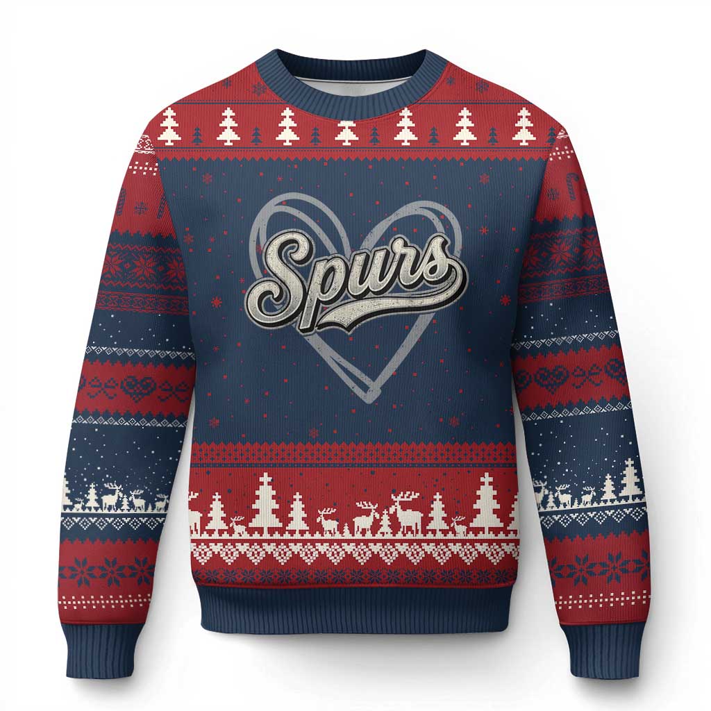 Vintage Spurs Name Script Heart Ugly Christmas Sweater for Sports Fan TS02 Navy Red Print Your Wear