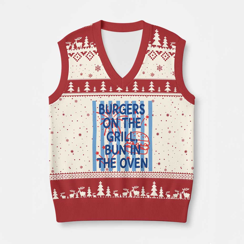Patriotic 4th of July Pregnancy Announcement Preppy Style V-Neck Knit Sweater Vest Burgers On The Grill Bun In The Oven Summer BBQ TS02 Beige Red Print Your Wear