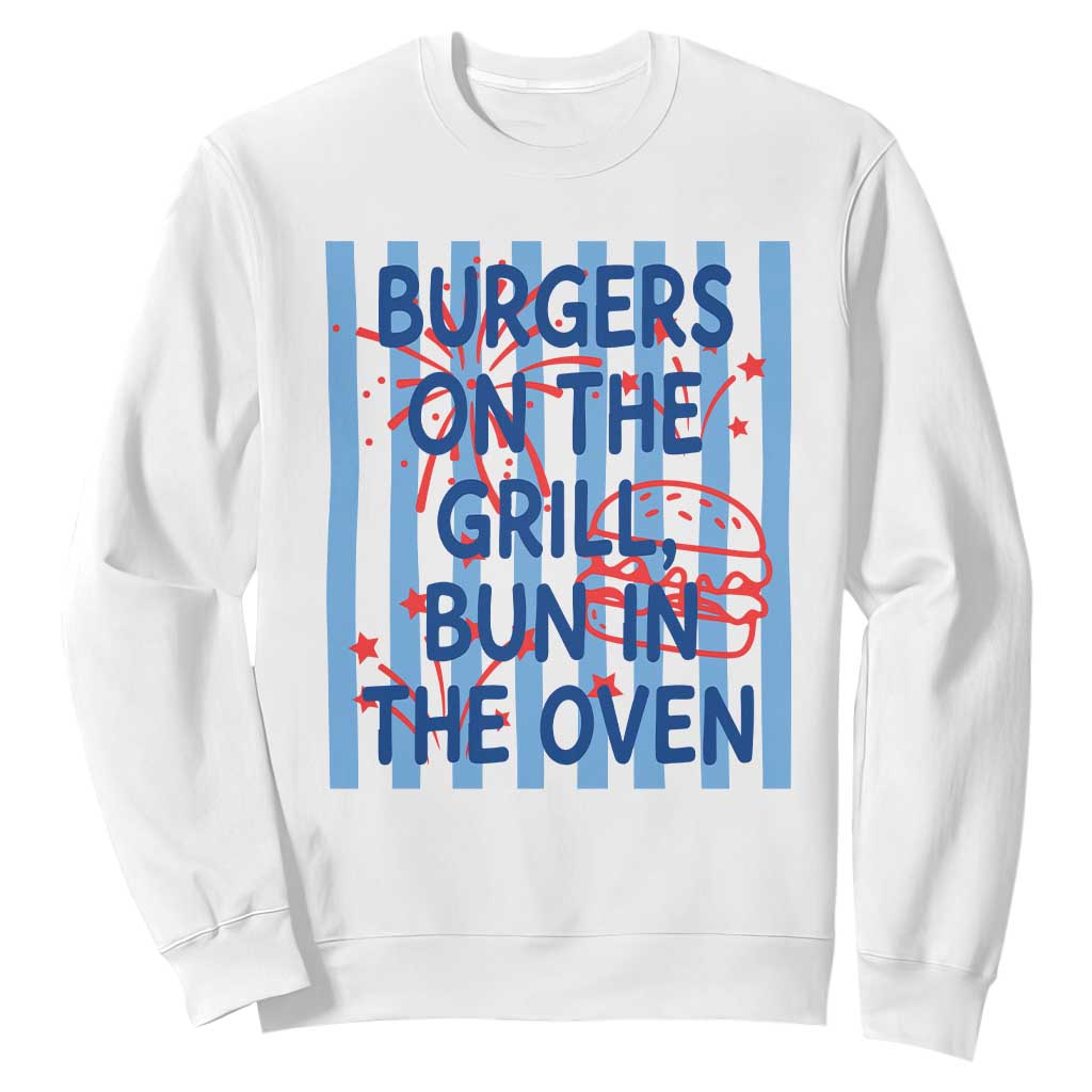Patriotic 4th of July Pregnancy Announcement Preppy Style Sweatshirt Burgers On The Grill Bun In The Oven Summer BBQ TS02 White Print Your Wear
