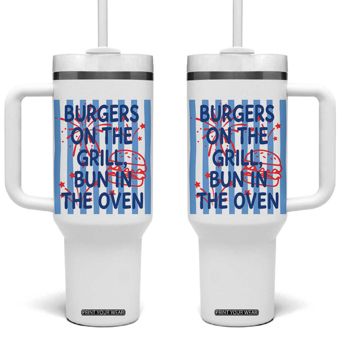 Patriotic 4th of July Pregnancy Announcement Preppy Style Tumbler With Handle Burgers On The Grill Bun In The Oven Summer BBQ TS02 One Size: 40 oz White Print Your Wear