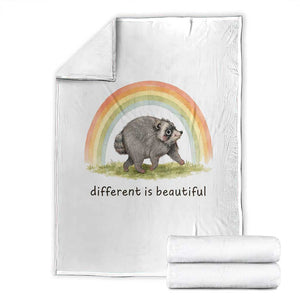 Cute Viral Raccoon Positive Quote Throw Blanket Different Is Beautiful Pastel Rainbow Graphic TS02 White Print Your Wear