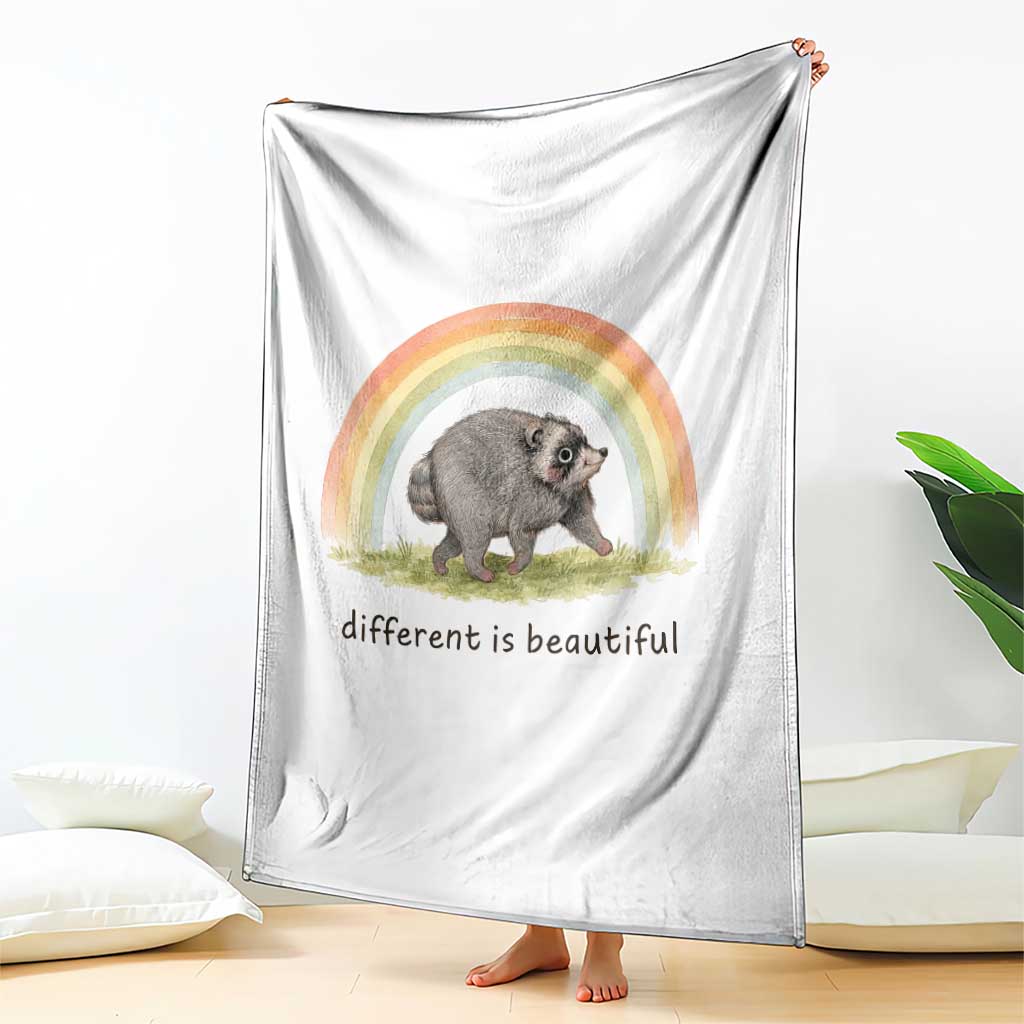 Cute Viral Raccoon Positive Quote Throw Blanket Different Is Beautiful Pastel Rainbow Graphic TS02 Print Your Wear