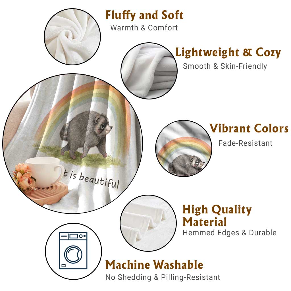 Cute Viral Raccoon Positive Quote Throw Blanket Different Is Beautiful Pastel Rainbow Graphic TS02 Print Your Wear
