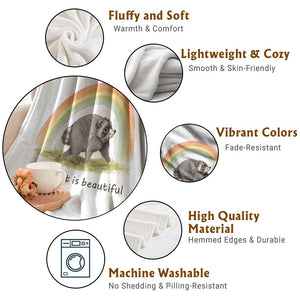 Cute Viral Raccoon Positive Quote Throw Blanket Different Is Beautiful Pastel Rainbow Graphic TS02 Print Your Wear