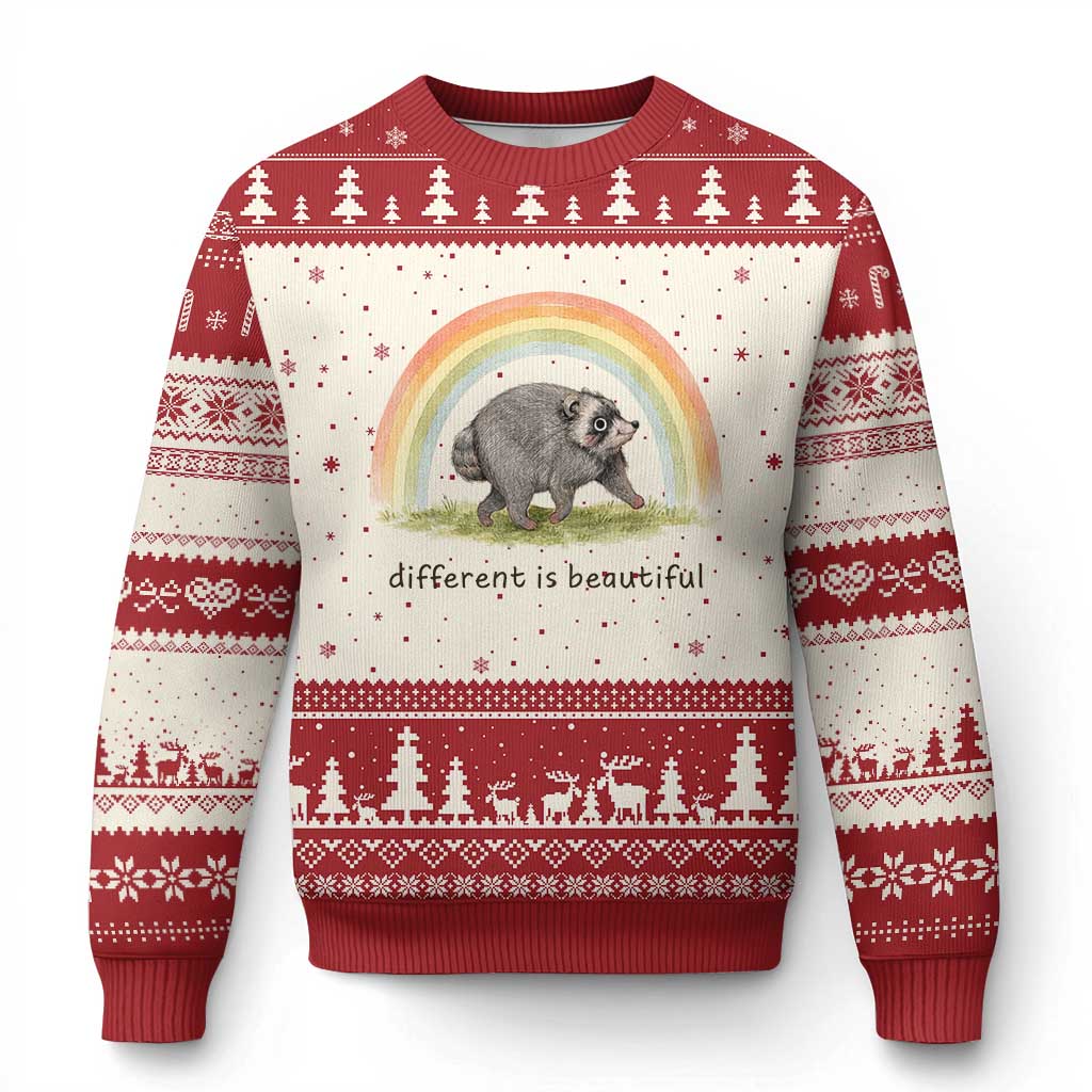 Cute Viral Raccoon Positive Quote Ugly Christmas Sweater Different Is Beautiful Pastel Rainbow Graphic TS02 Beige Red Print Your Wear
