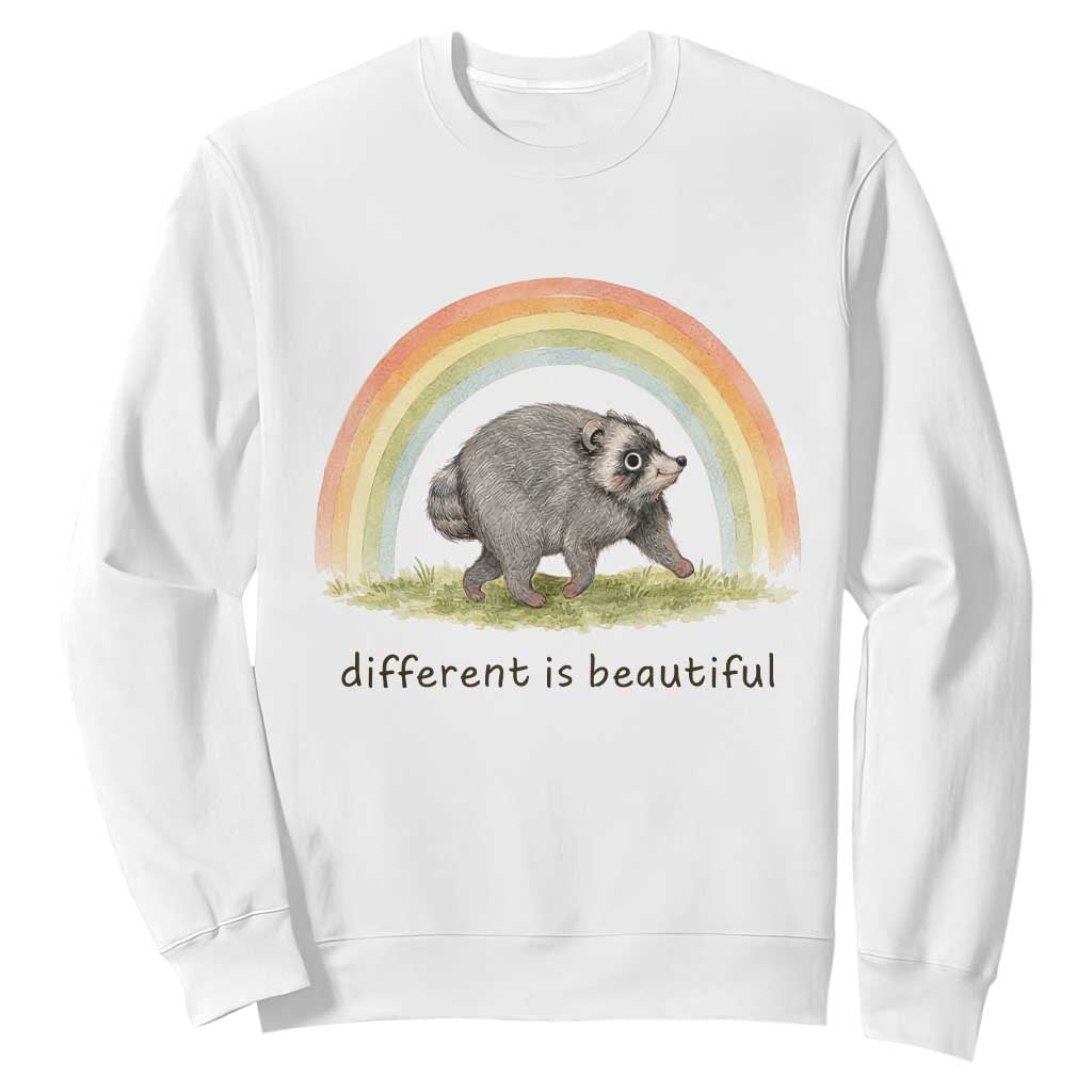 Cute Viral Raccoon Positive Quote Sweatshirt Different Is Beautiful Pastel Rainbow Graphic TS02 White Print Your Wear