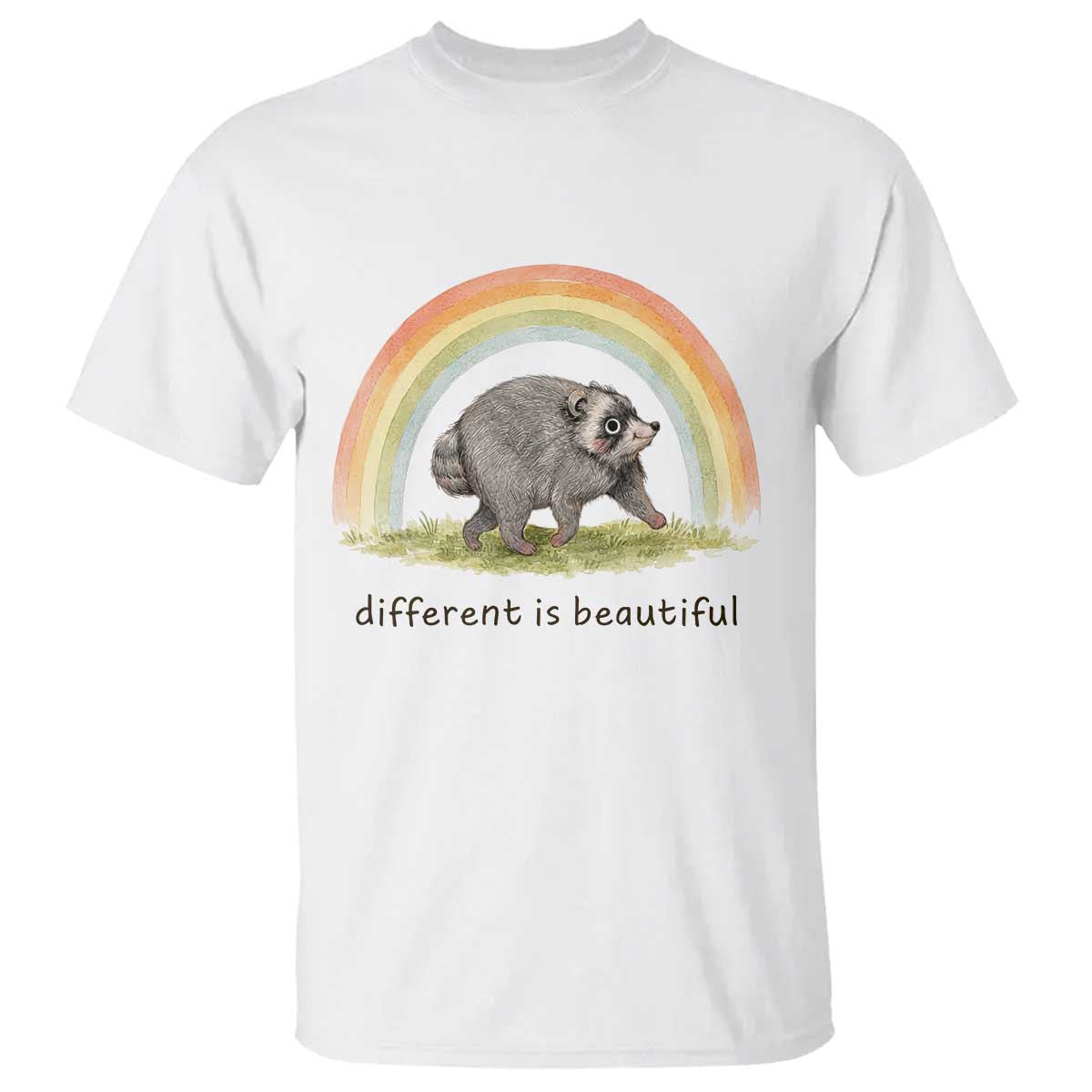 Cute Viral Raccoon Positive Quote T Shirt Different Is Beautiful Pastel Rainbow Graphic TS02 White Print Your Wear