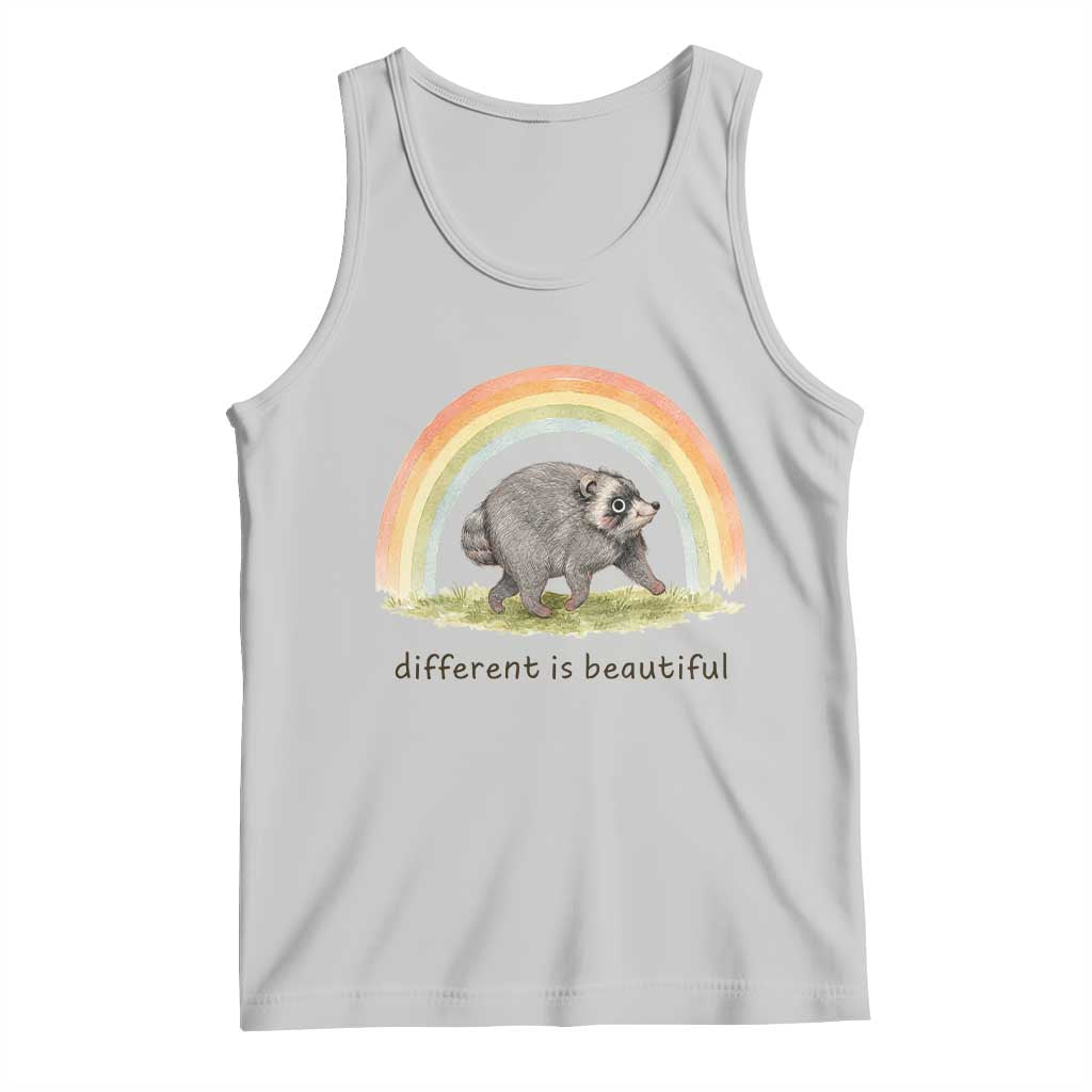 Cute Viral Raccoon Positive Quote Tank Top Different Is Beautiful Pastel Rainbow Graphic TS02 Ash Print Your Wear