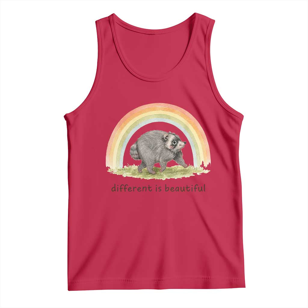 Cute Viral Raccoon Positive Quote Tank Top Different Is Beautiful Pastel Rainbow Graphic TS02 Red Print Your Wear