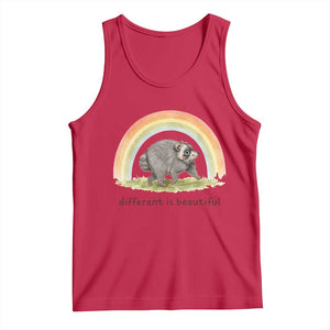 Cute Viral Raccoon Positive Quote Tank Top Different Is Beautiful Pastel Rainbow Graphic TS02 Red Print Your Wear
