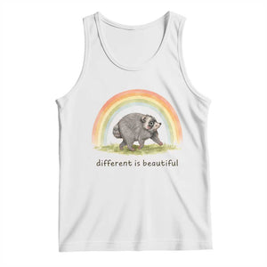 Cute Viral Raccoon Positive Quote Tank Top Different Is Beautiful Pastel Rainbow Graphic TS02 White Print Your Wear
