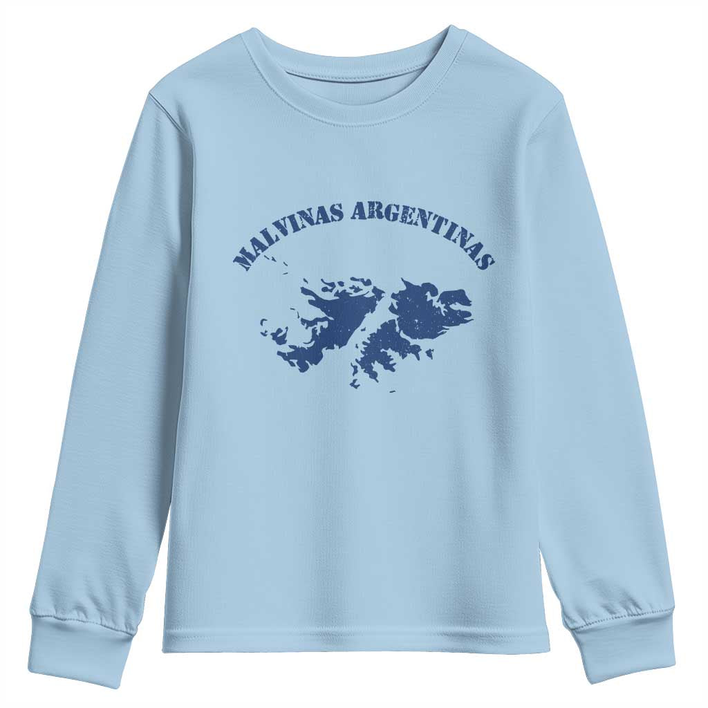 Retro Malvinas Argentinas Distressed Map Graphic Youth Sweatshirt Argentine Island Sovereignty Heritage Pride TS02 Light Blue Print Your Wear