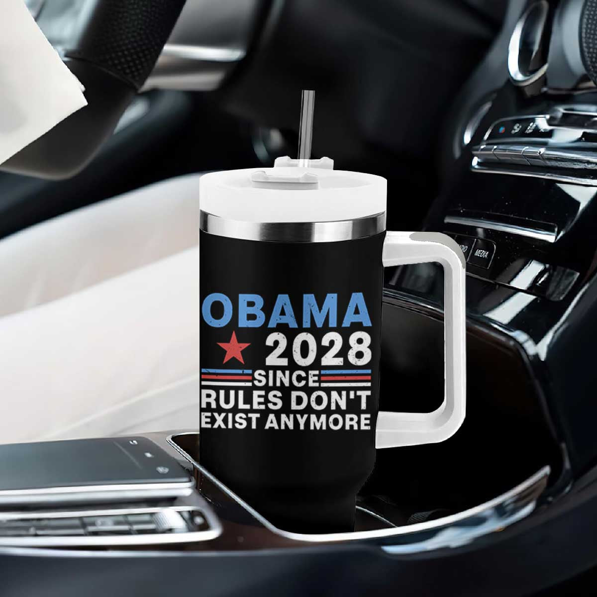 Obama 2028 Since Rules Dont Exist Anymore Tumbler With Handle Political Satire Red White and Blue TS02 Print Your Wear