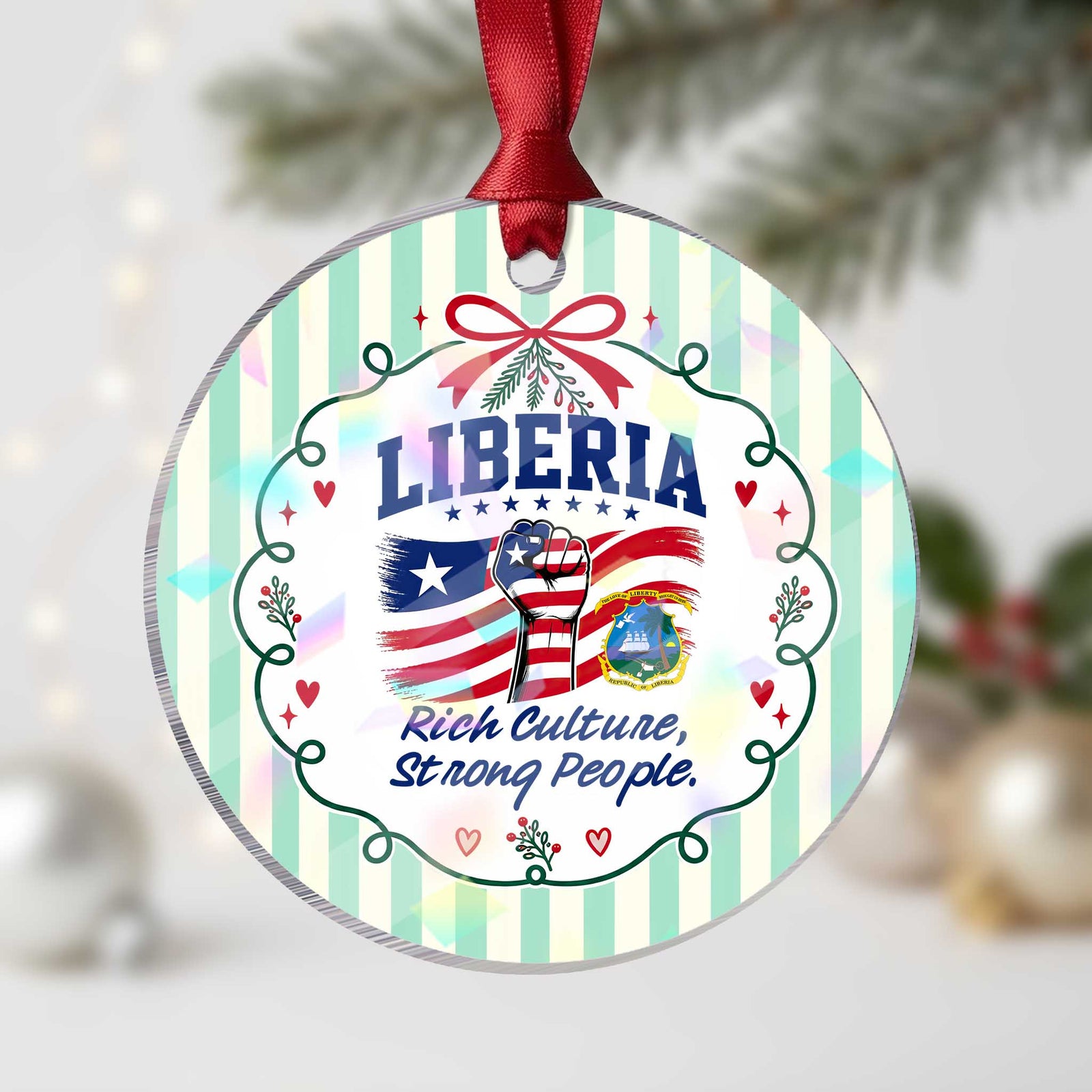 Liberia Rich Culture Strong People Patriotic Holographic Acrylic Ornament Liberian Flag Fist Coat Of Arms Heritage Pride
