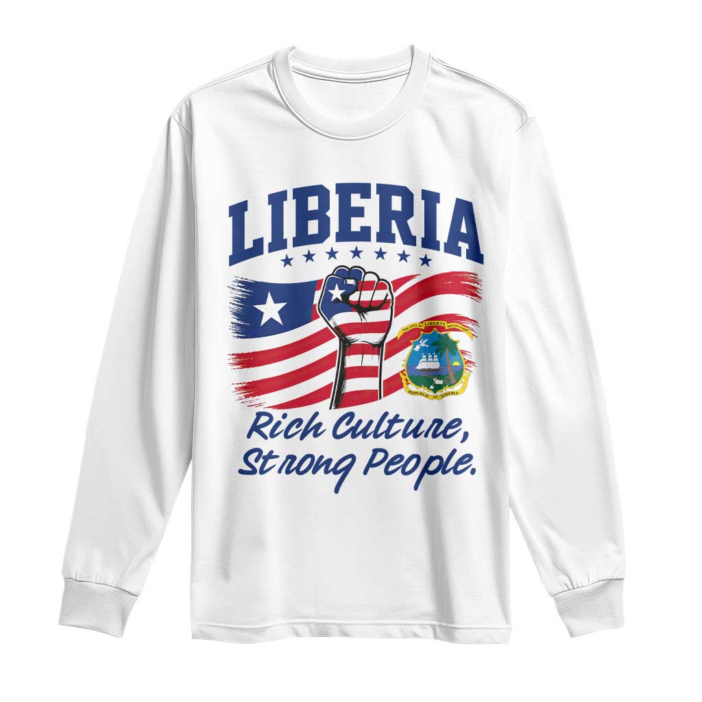 Liberia Rich Culture Strong People Patriotic Long Sleeve Shirt Liberian Flag Fist Coat Of Arms Heritage Pride TS02 White Print Your Wear