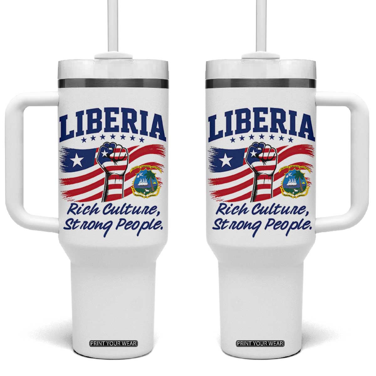 Liberia Rich Culture Strong People Patriotic Tumbler With Handle Liberian Flag Fist Coat Of Arms Heritage Pride TS02 One Size: 40 oz White Print Your Wear