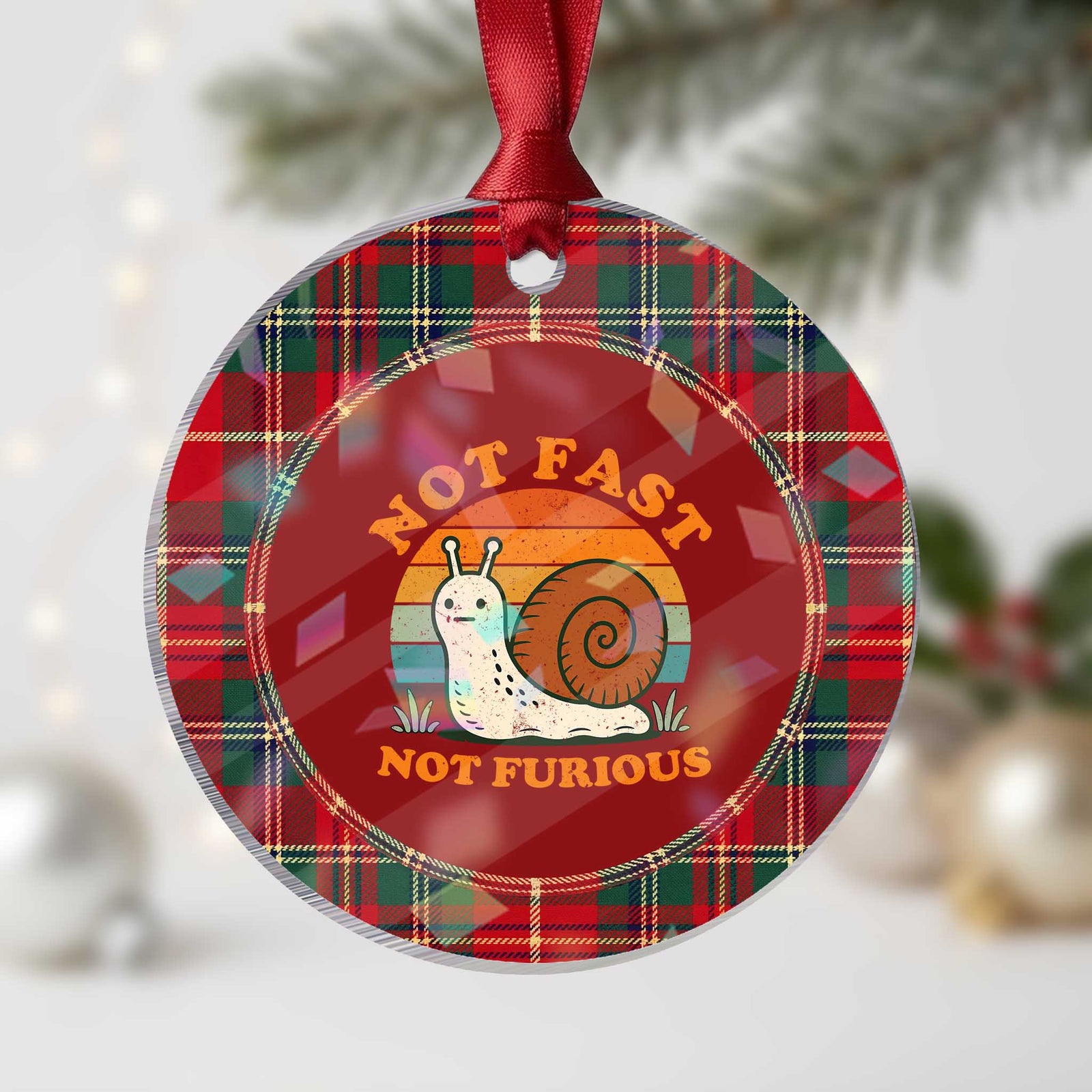 Funny Snail Introvert Slow Living Holographic Acrylic Ornament Not Fast Not Furious Retro Sunset