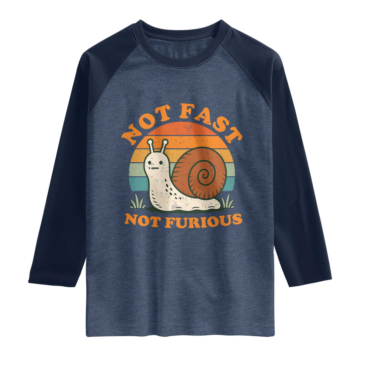 Funny Snail Introvert Slow Living Raglan Shirt Not Fast Not Furious Retro Sunset TS02 Heather Denim Navy Print Your Wear