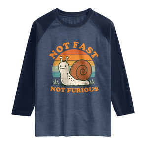 Funny Snail Introvert Slow Living Raglan Shirt Not Fast Not Furious Retro Sunset TS02 Heather Denim Navy Print Your Wear
