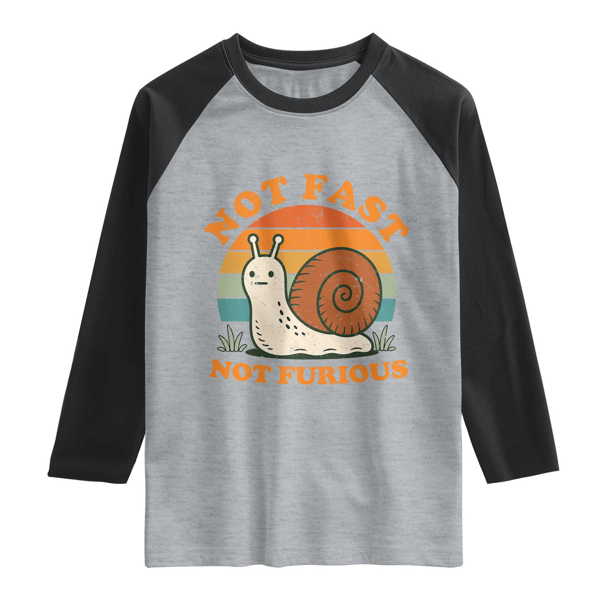 Funny Snail Introvert Slow Living Raglan Shirt Not Fast Not Furious Retro Sunset TS02 Heather Gray Black Print Your Wear