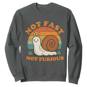 Funny Snail Introvert Slow Living Sweatshirt Not Fast Not Furious Retro Sunset TS02 Dark Heather Print Your Wear