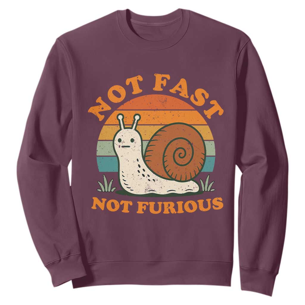 Funny Snail Introvert Slow Living Sweatshirt Not Fast Not Furious Retro Sunset TS02 Maroon Print Your Wear
