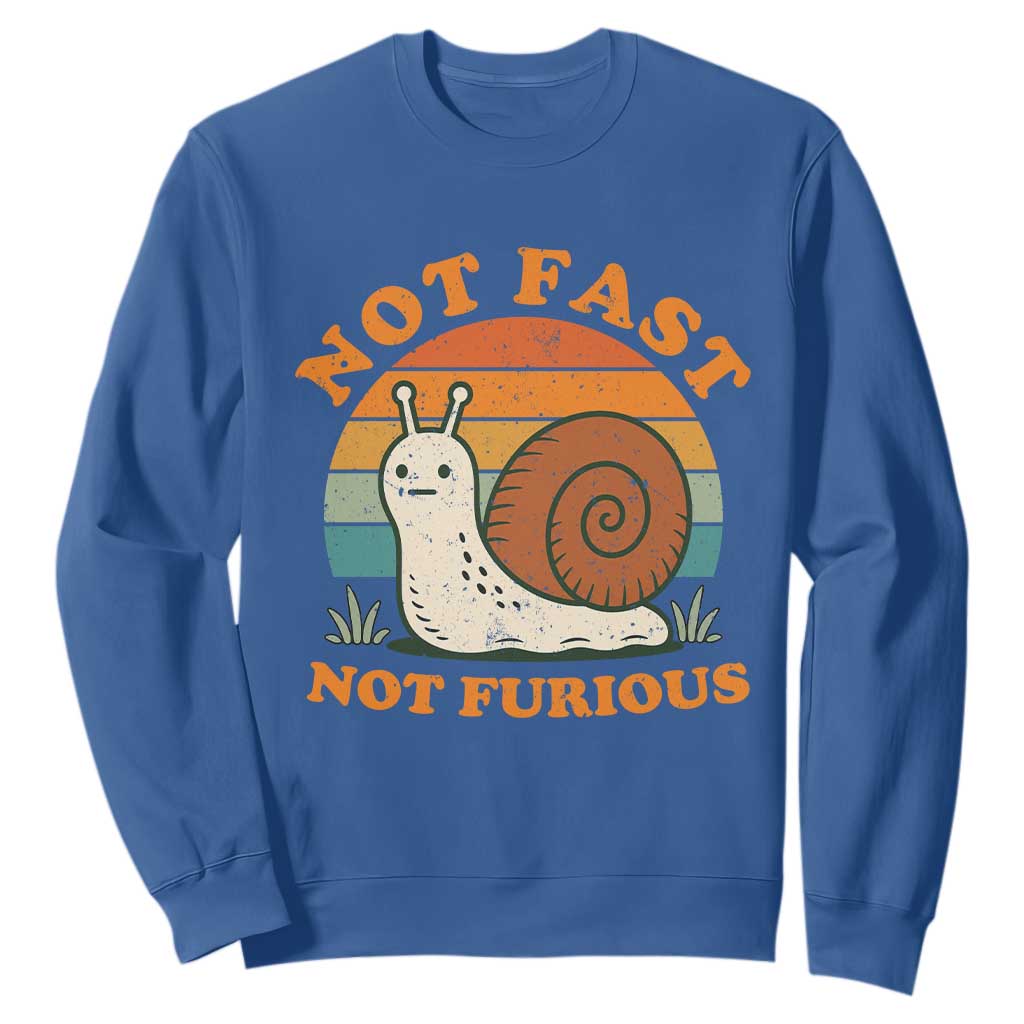 Funny Snail Introvert Slow Living Sweatshirt Not Fast Not Furious Retro Sunset TS02 Royal Blue Print Your Wear