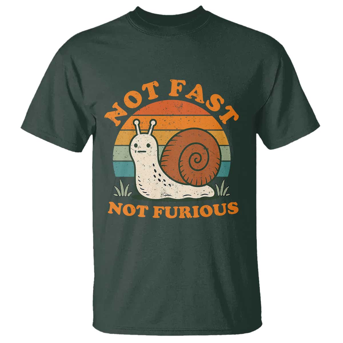 Funny Snail Introvert Slow Living T Shirt Not Fast Not Furious Retro Sunset TS02 Dark Forest Green Print Your Wear