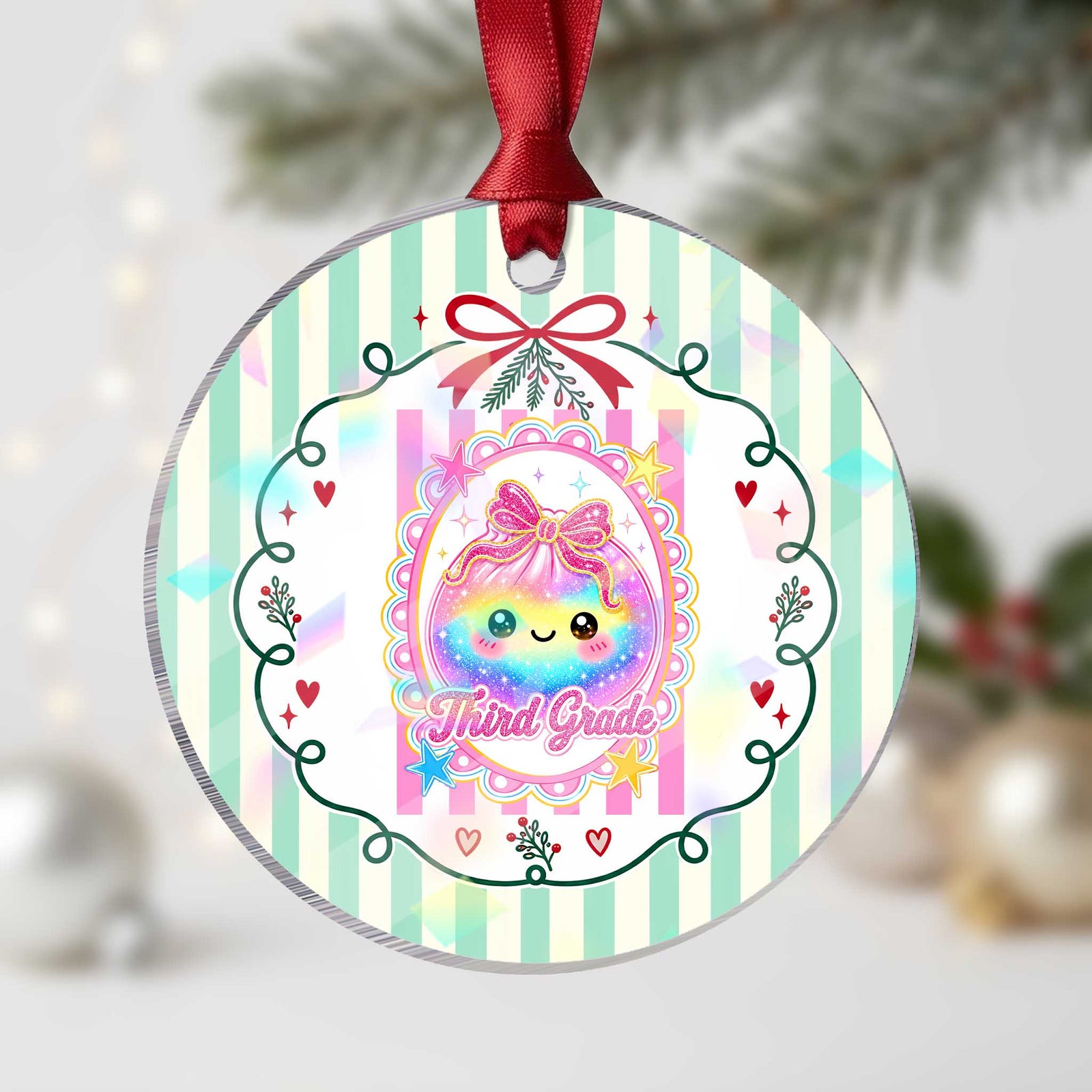 Kawaii Third Grade Glitter Dumpling Printed Graphic Holographic Acrylic Ornament Cute First Day Back To School for Students Teachers