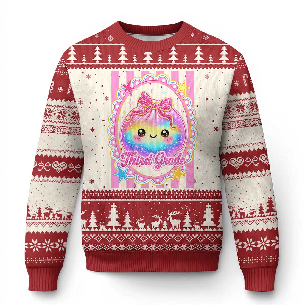 Kawaii Third Grade Glitter Dumpling Printed Graphic Ugly Christmas Sweater Cute First Day Back To School for Students Teachers TS02 Beige Red Print Your Wear